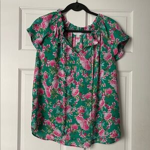 Counterparts Vibrant Floral Tie-Neck Blouse in Green and Pink